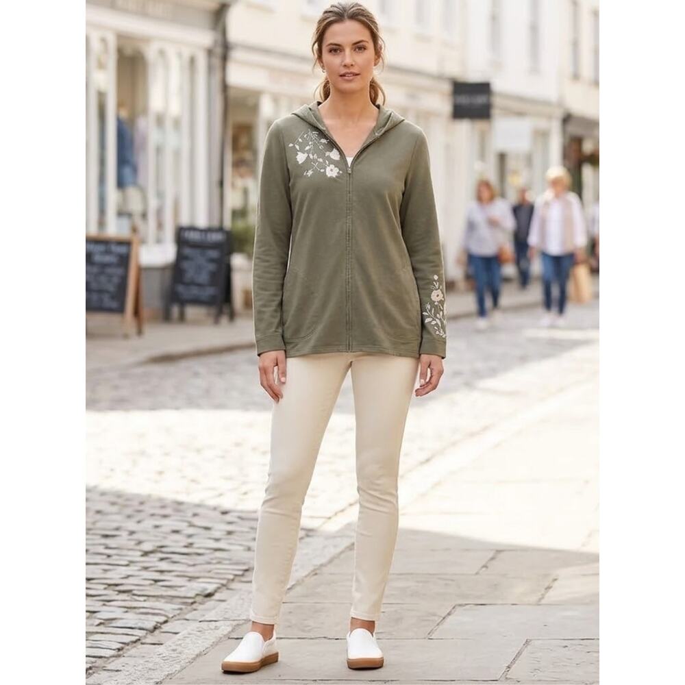 J.JILL Olive Floral Embroidered Zip Hoodie S | Cottagecore Lounge Layer - Picture 9 of 9